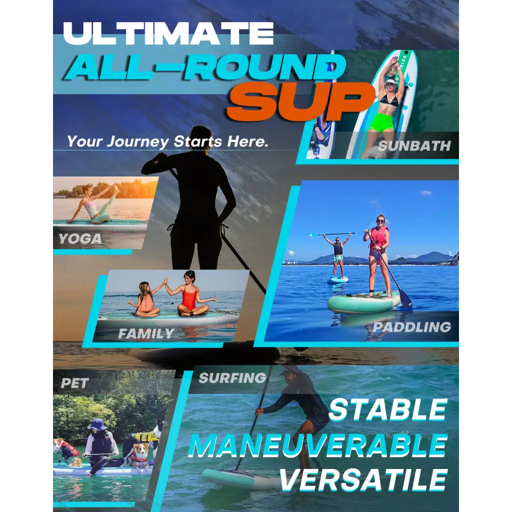 Inflatable paddle board package with people in water on a col col