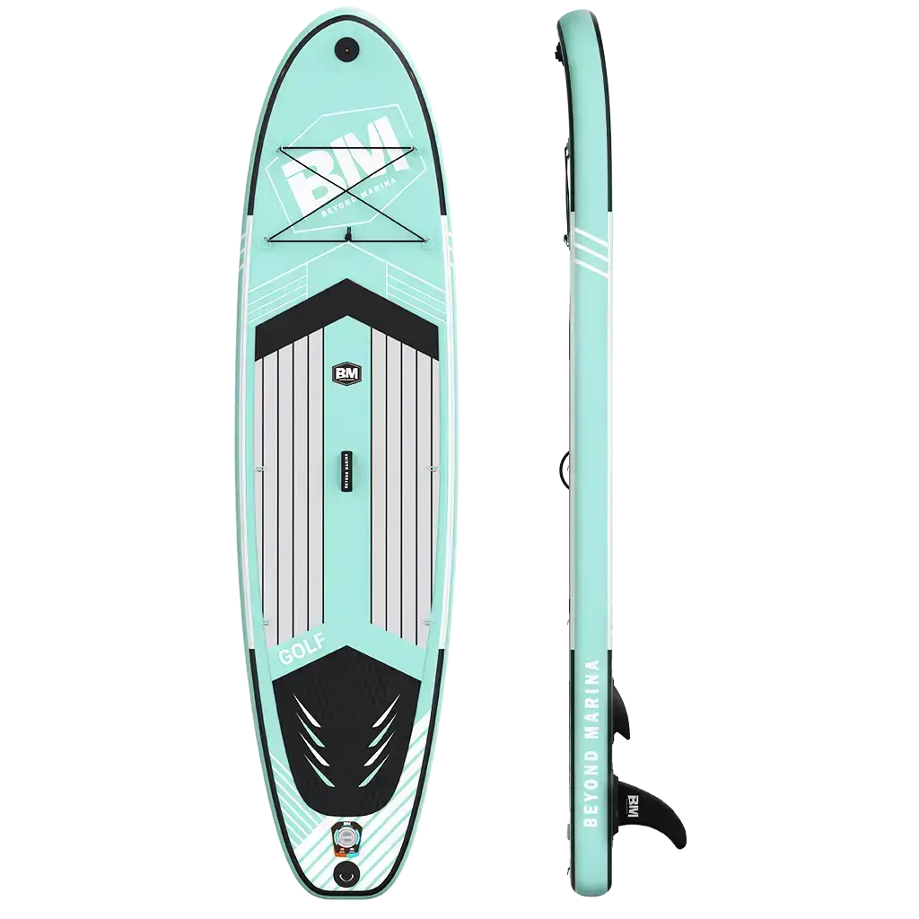 Blue and white inflatable stand up paddle board in the 10’6 All Round Inflatable SUP Board Package - Golf Mint