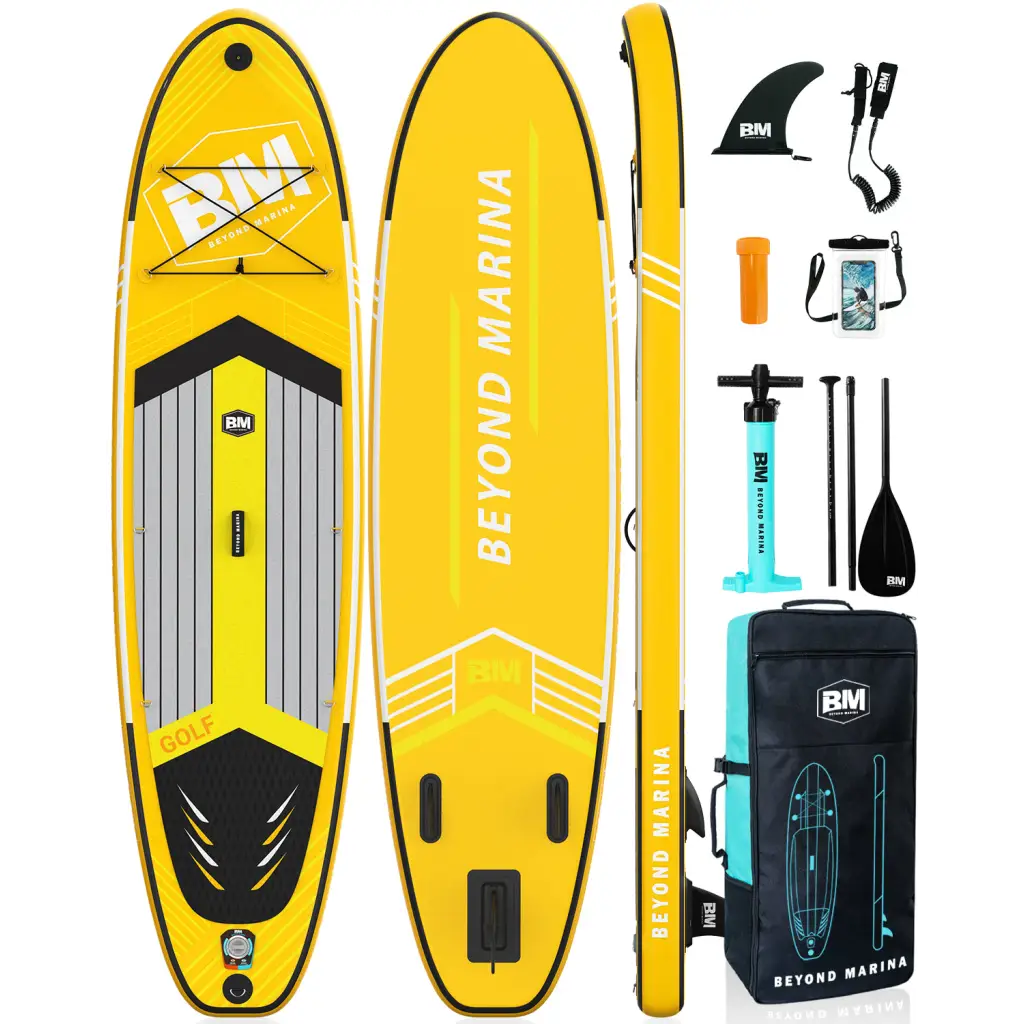 Yellow paddle board with bag and paddles - 10’6 All-round Inflatable SUP Board Package