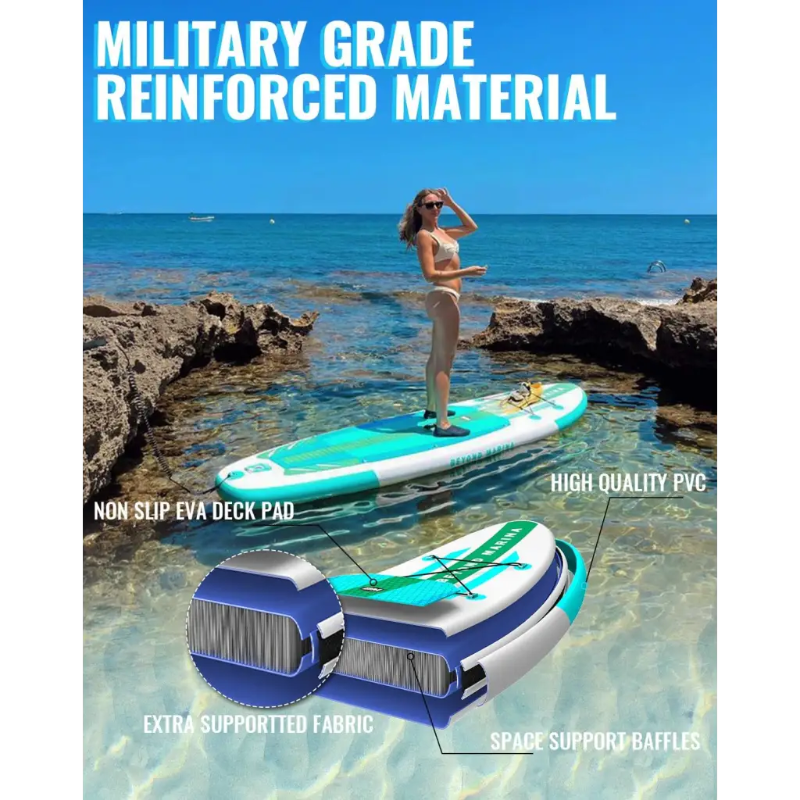 Inflatable paddle board with reinforced material for durability on the 10’6 Inflatable Paddle Board Classic EPIC