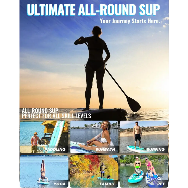 Inflatable paddle board versatile for surfing yoga and fishing activities on the EPIC SUP board