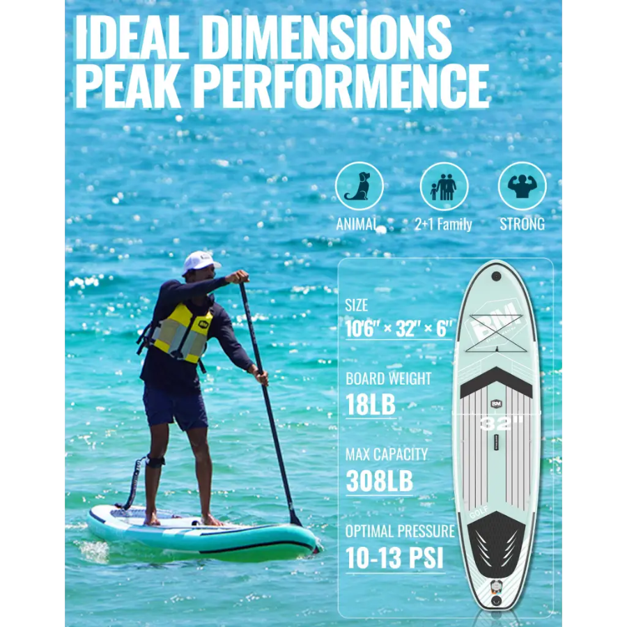 Paddle board specifications for 10’6 Inflatable Paddleboard in colorful design with ultralight material