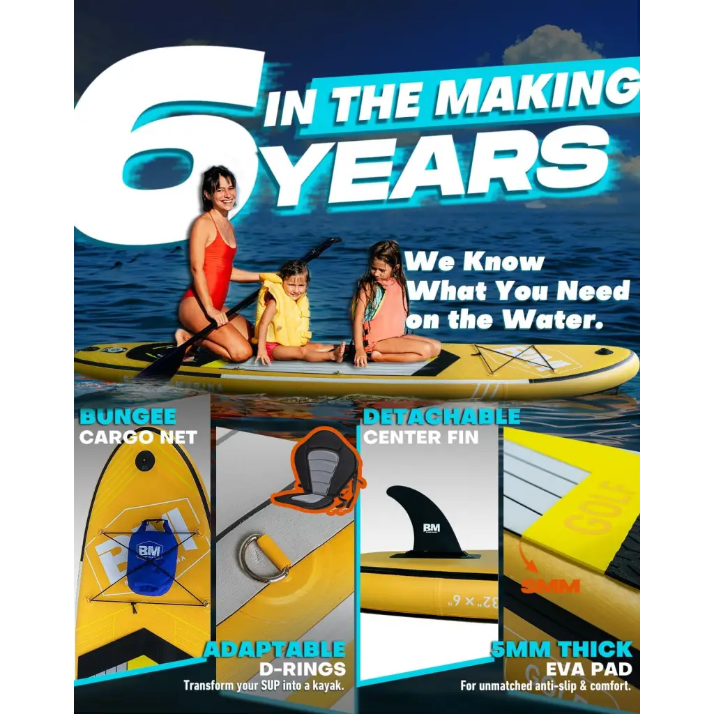 Close-up of an adult and child on a 10’6 Inflatable Stand Up Paddle Board Package - Golf