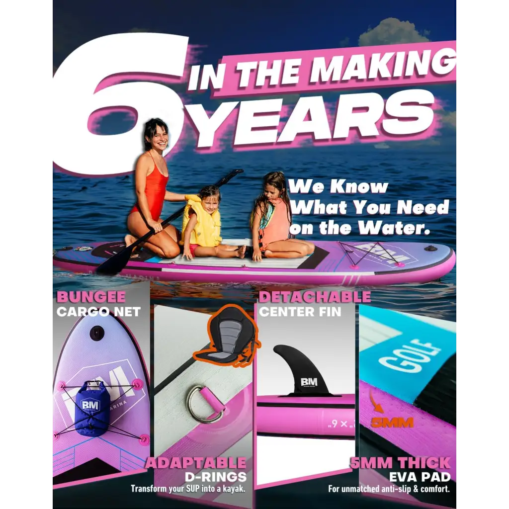 Close-up of a woman and two children on a surfboard poster; 10’6 Inflatable Stand Up Paddle Board Package