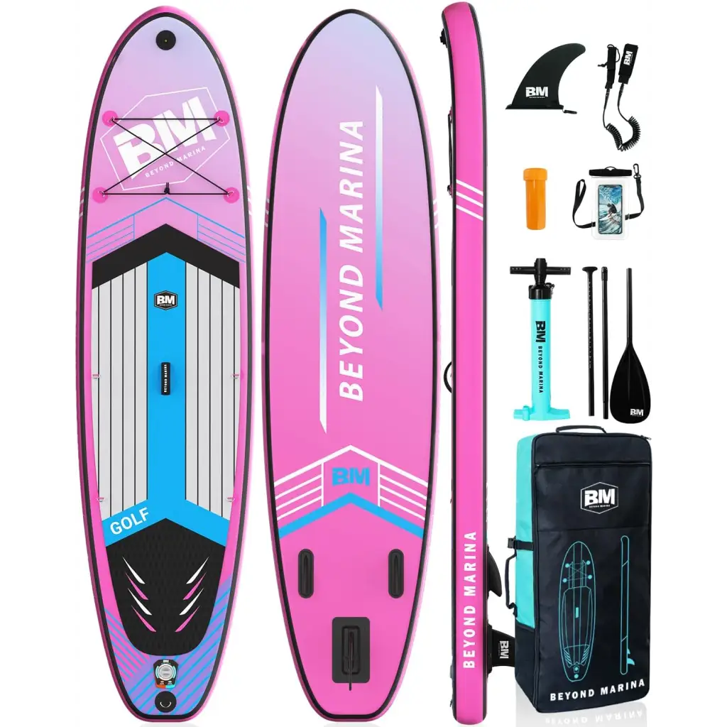 Close-up of a pink and blue 10’6 Inflatable Stand Up Paddle Board Package with accessories
