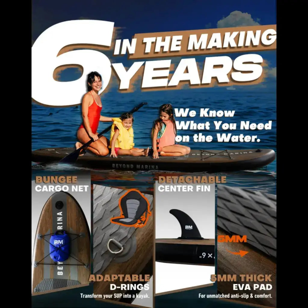 Woman kayaking next to 10’6 Inflatable Stand Up Paddle Board Wooden with text ’6-year’