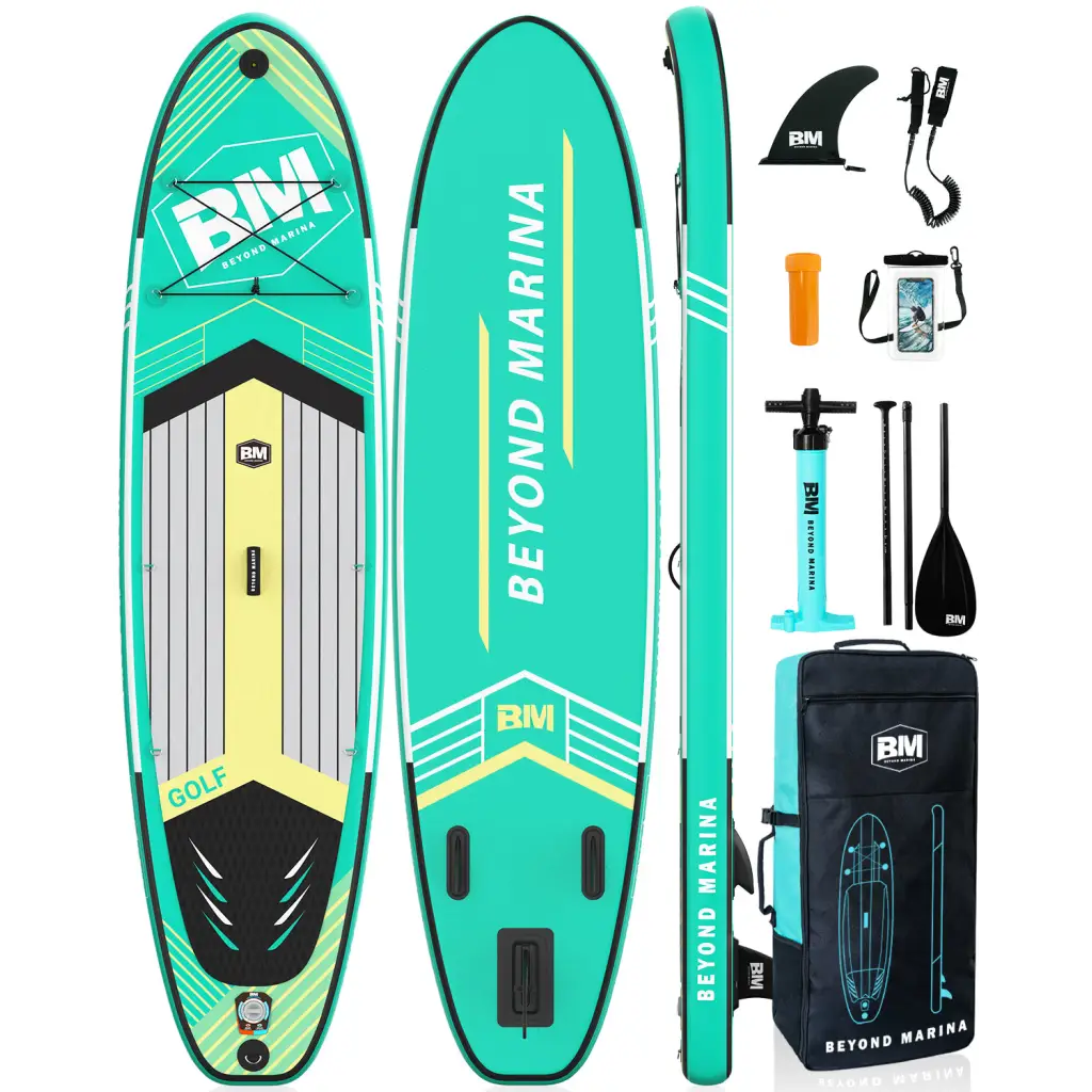 10’6 Inflatable SUP Board Package with paddle board and paddles in golf green color