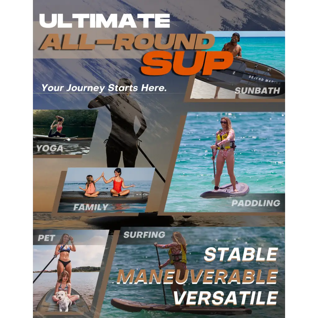 Wooden Inflatable SUP Board Package showcasing different types of surfboards