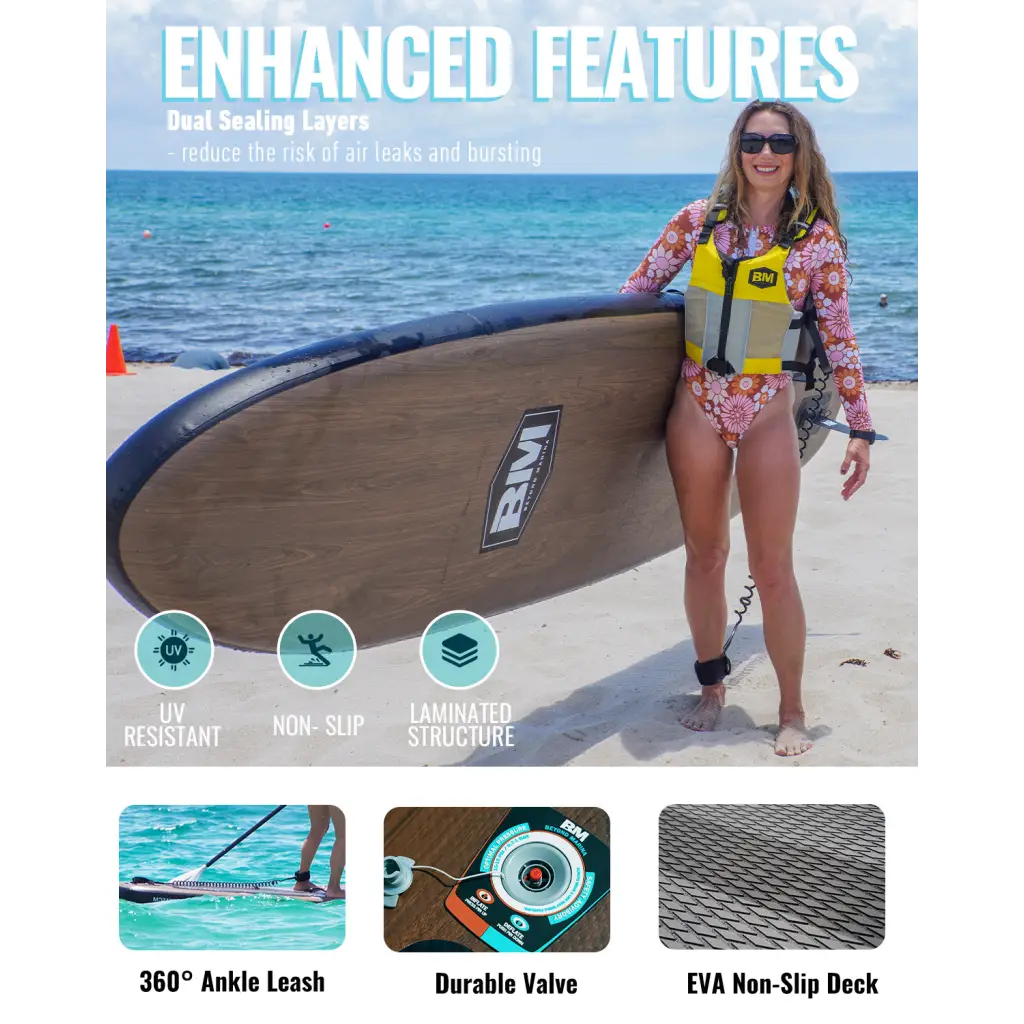 Inflatable paddle board with enhanced features, 10’6 Paddle Board Elegant - Wooden design