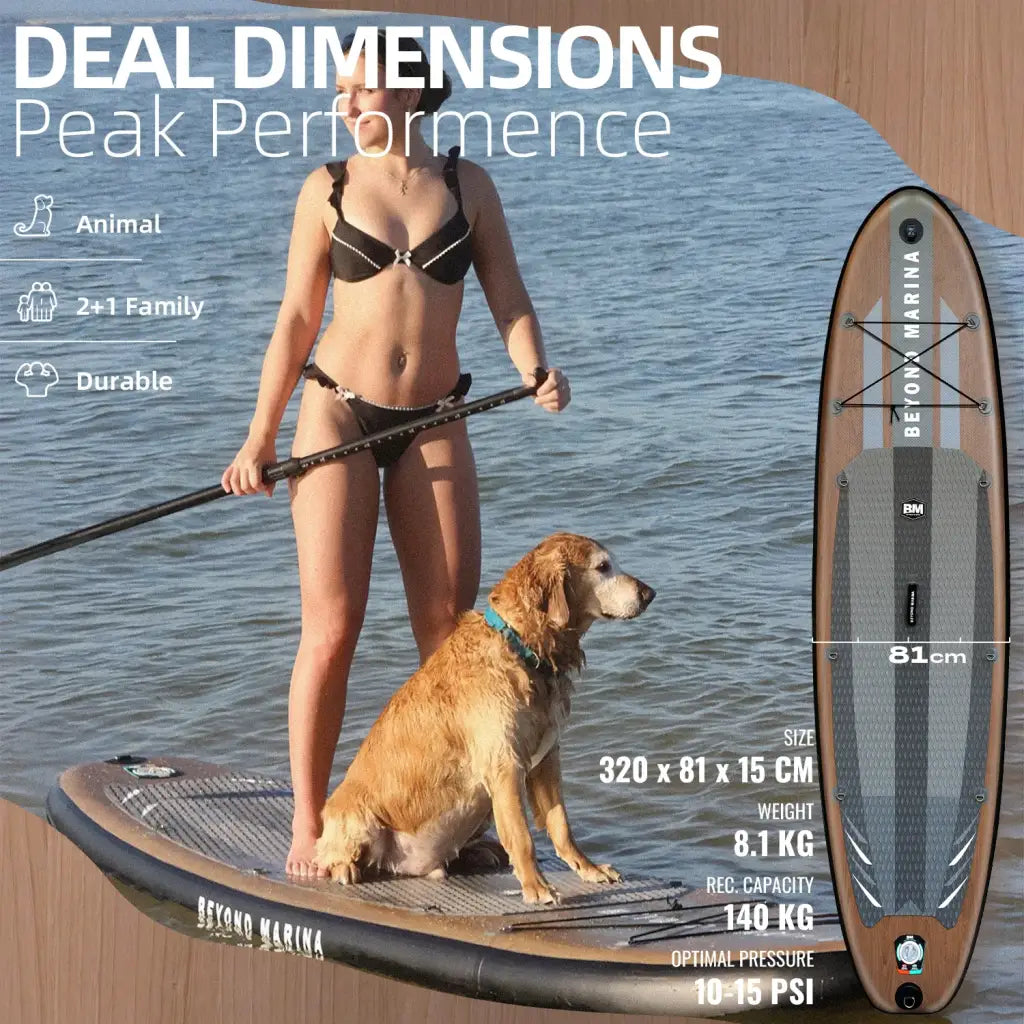 Brown and black inflatable paddle board with wooden texture design and beyond marina branding 10’6 sup board