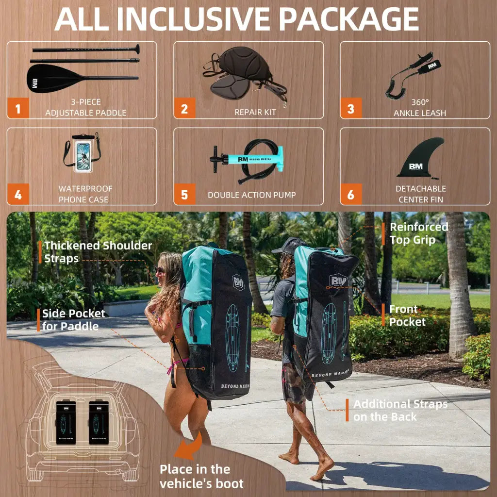 Teal and black backpack with reinforced top grip and paddle side pocket for beyond main 10 6 paddle board inflatable sup board