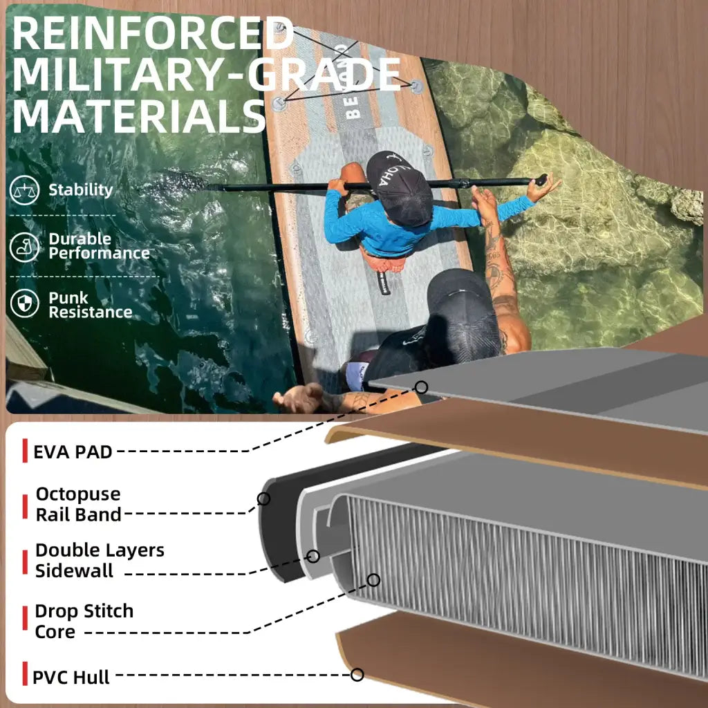 10’6 paddle board elegant with wooden deck reinforced with military-grade eva pad and pvc hull inflatable sup board