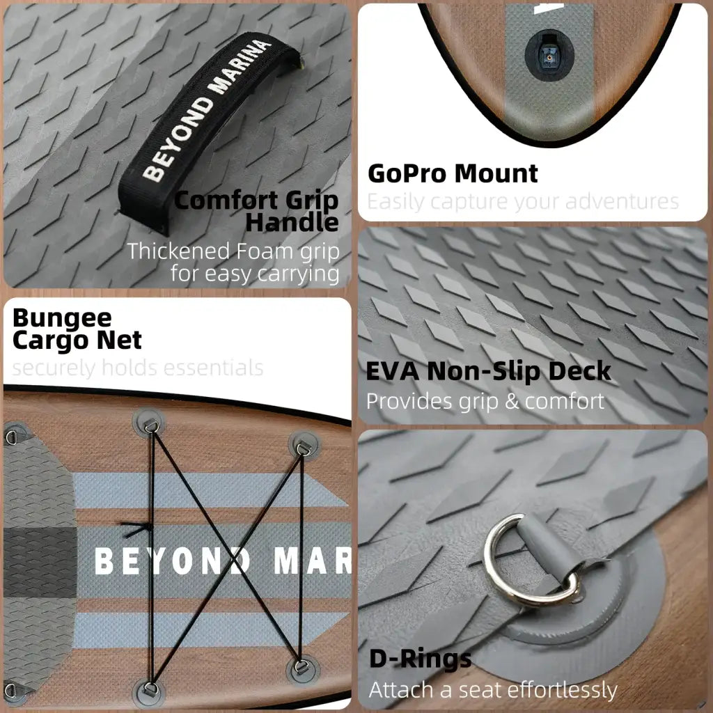 Black foam grip handle with beyond marina branding on 10 6 wooden elegant sup board inflatable paddle board