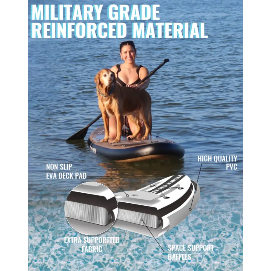 Durable 10’6 Paddle Board Elegant is an inflatable paddle board with dog and rider
