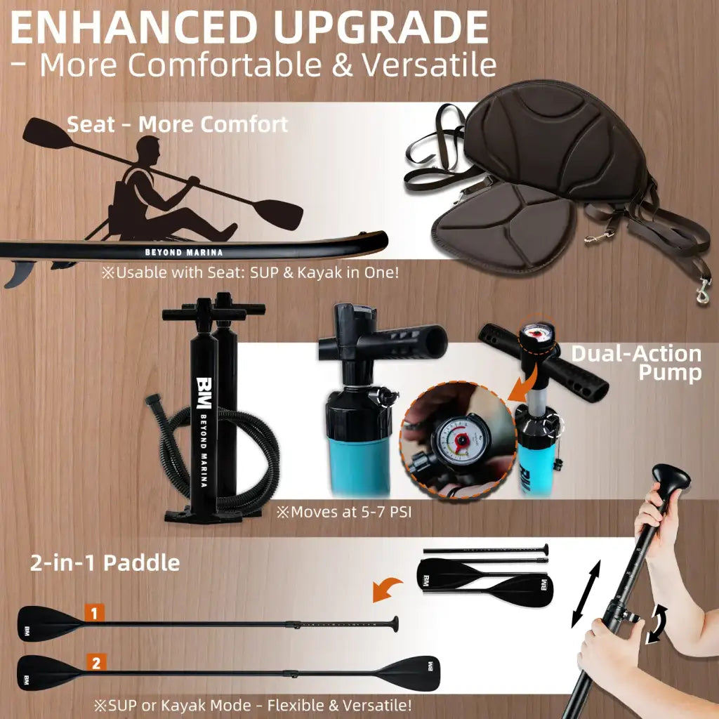 Black inflatable paddle board 10’6 elegant wooden with adjustable seat and dual action pump sup board accessories