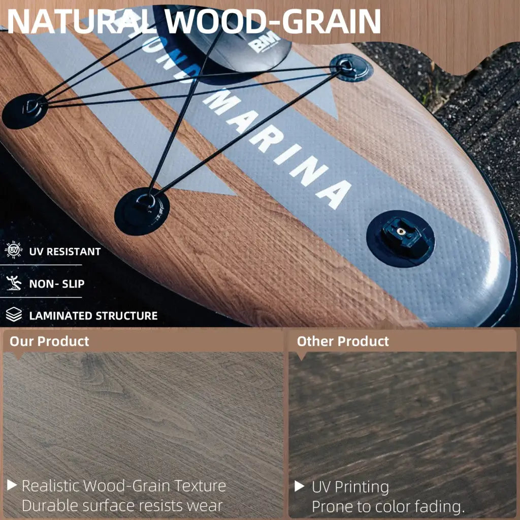 Inflatable paddle board 10’6 featuring a natural wood-grain design with gray and brown tones by marina brand