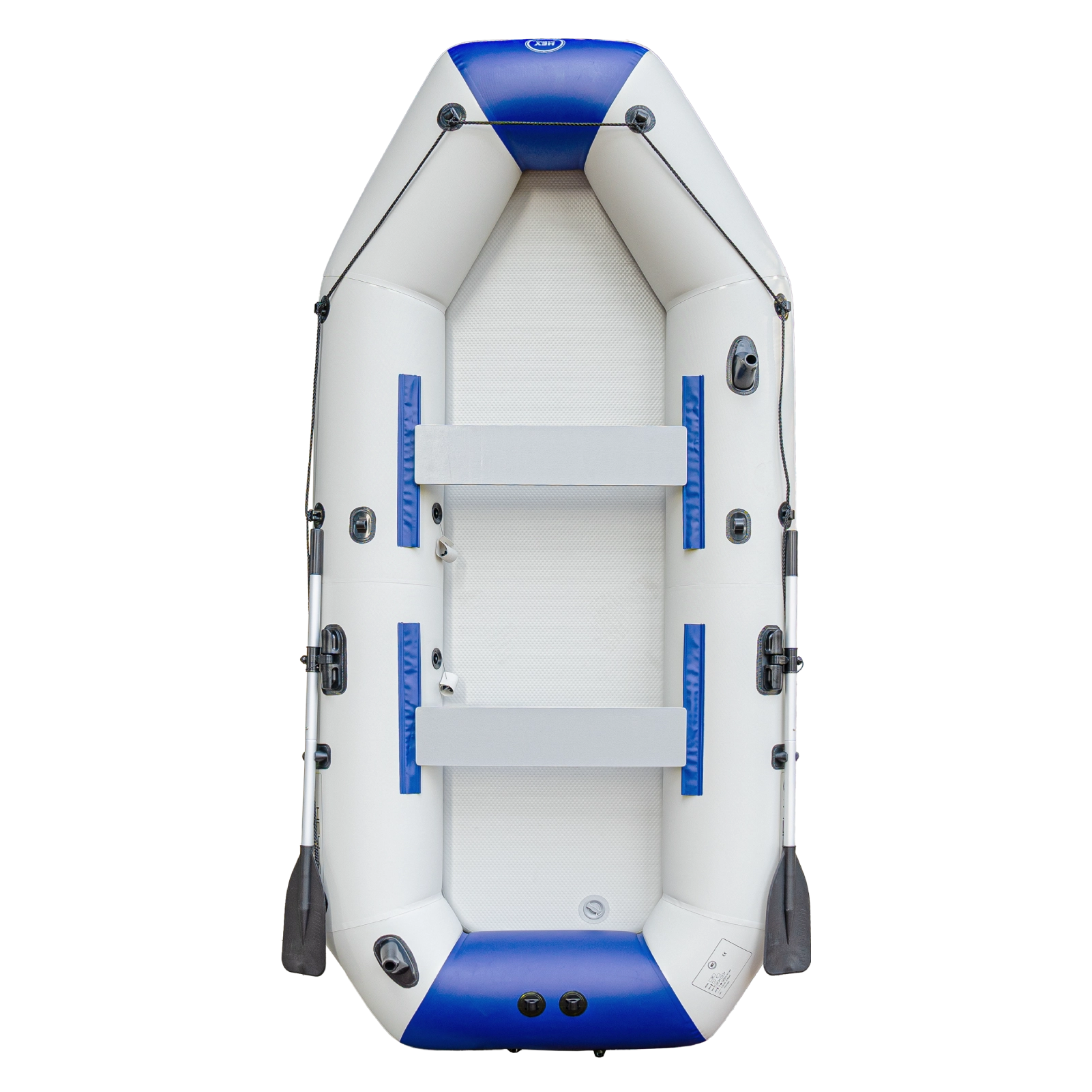 inflatable fishing boat with blue and gray design