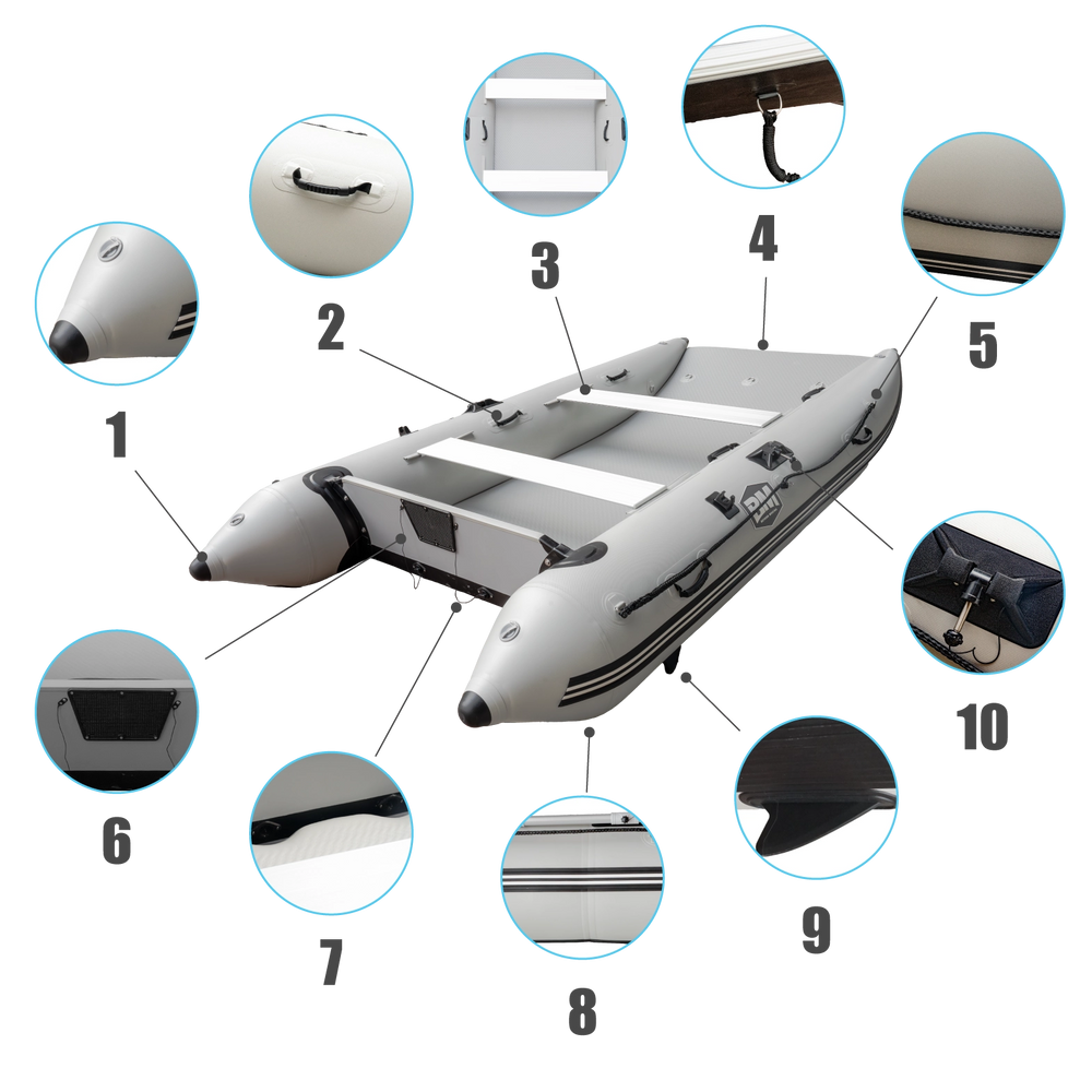 Inflatable catamaran boat with details on a white background