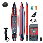 Red and black iSUP paddle board with carbon fiber design, BM logo, pump