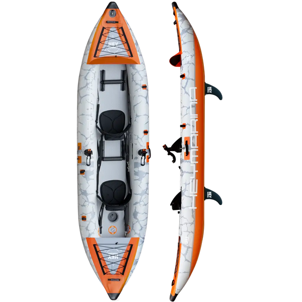 Orange and white 12’6 inflatable tandem kayak with drop-stitch floor