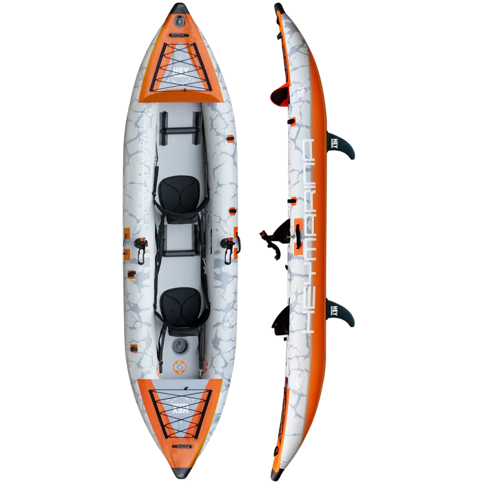 Orange and white 12’6 inflatable tandem kayak with drop-stitch floor