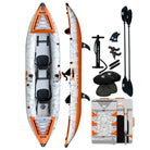 12’6 inflatable tandem kayak with drop-stitch floor, orange gray marble design