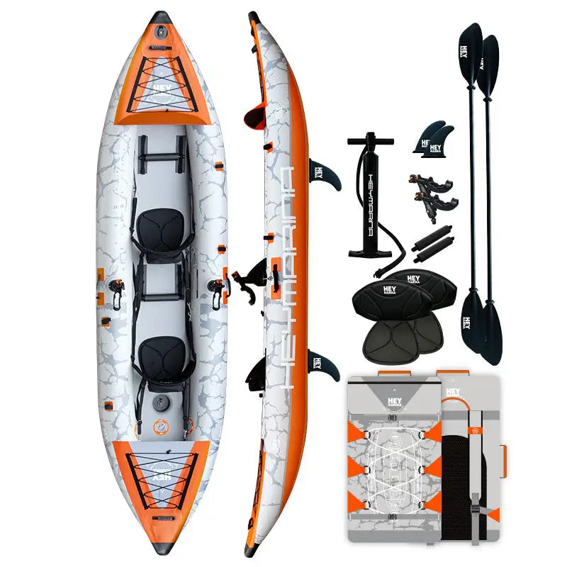 12’6 inflatable tandem kayak with drop-stitch floor, orange gray marble design