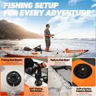 Orange kayak with fish ruler and GoPro mount on inflatable tandem kayak