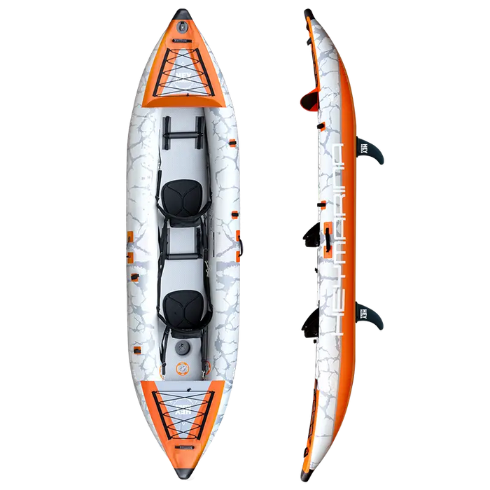 Orange and white 12’6 inflatable tandem kayak with drop-stitch floor