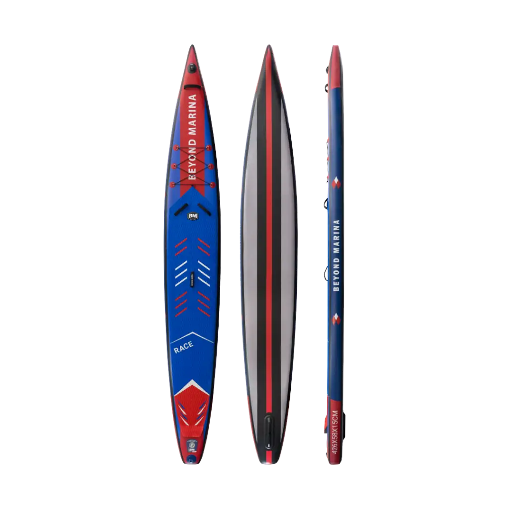 Inflatable paddle board with paddle on red and blue board, Beyond Marina RACING UNO.