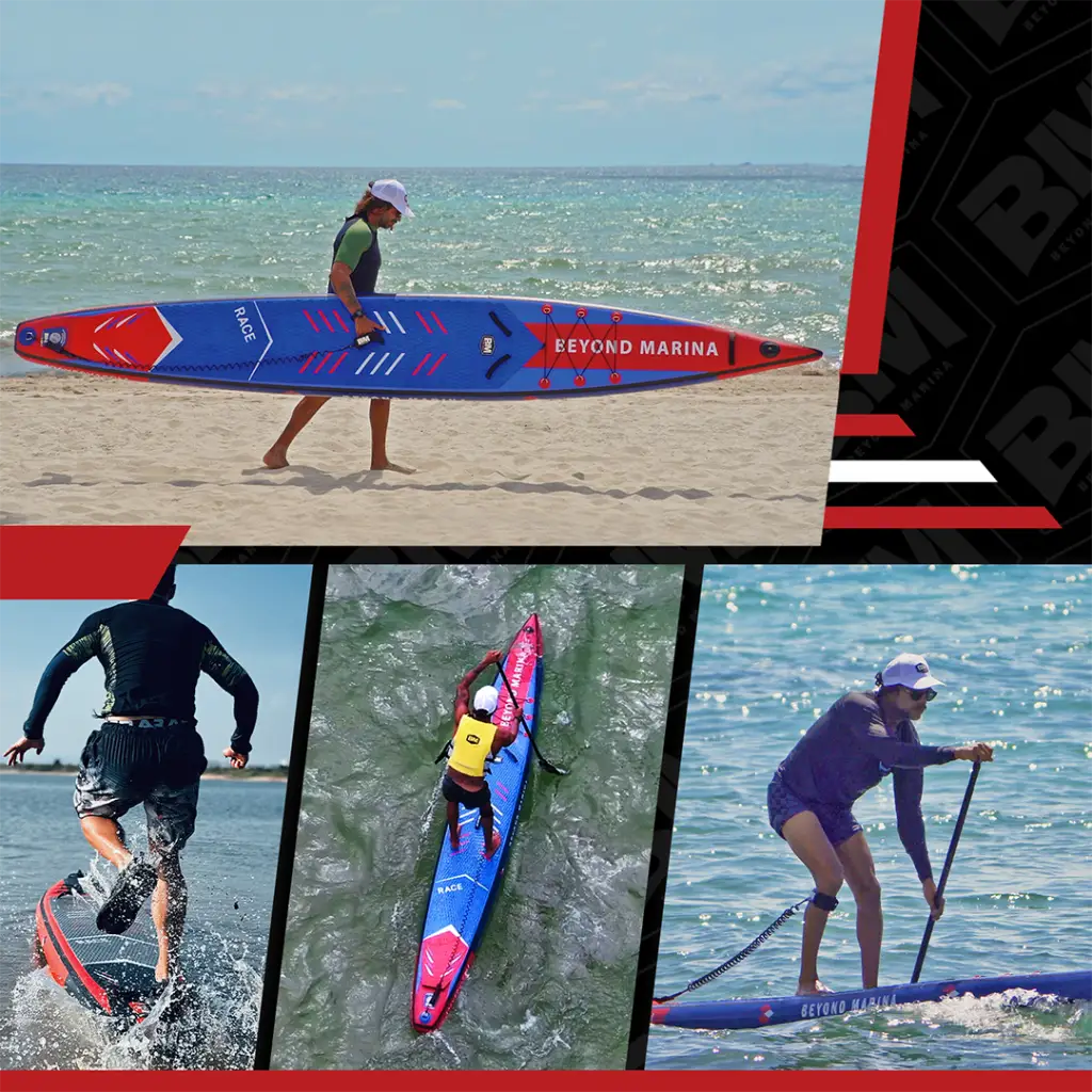 Man and woman on inflatable paddle boards - Beyond Marina RACING 12’6’/14’ RACE UNO Paddle Board Package