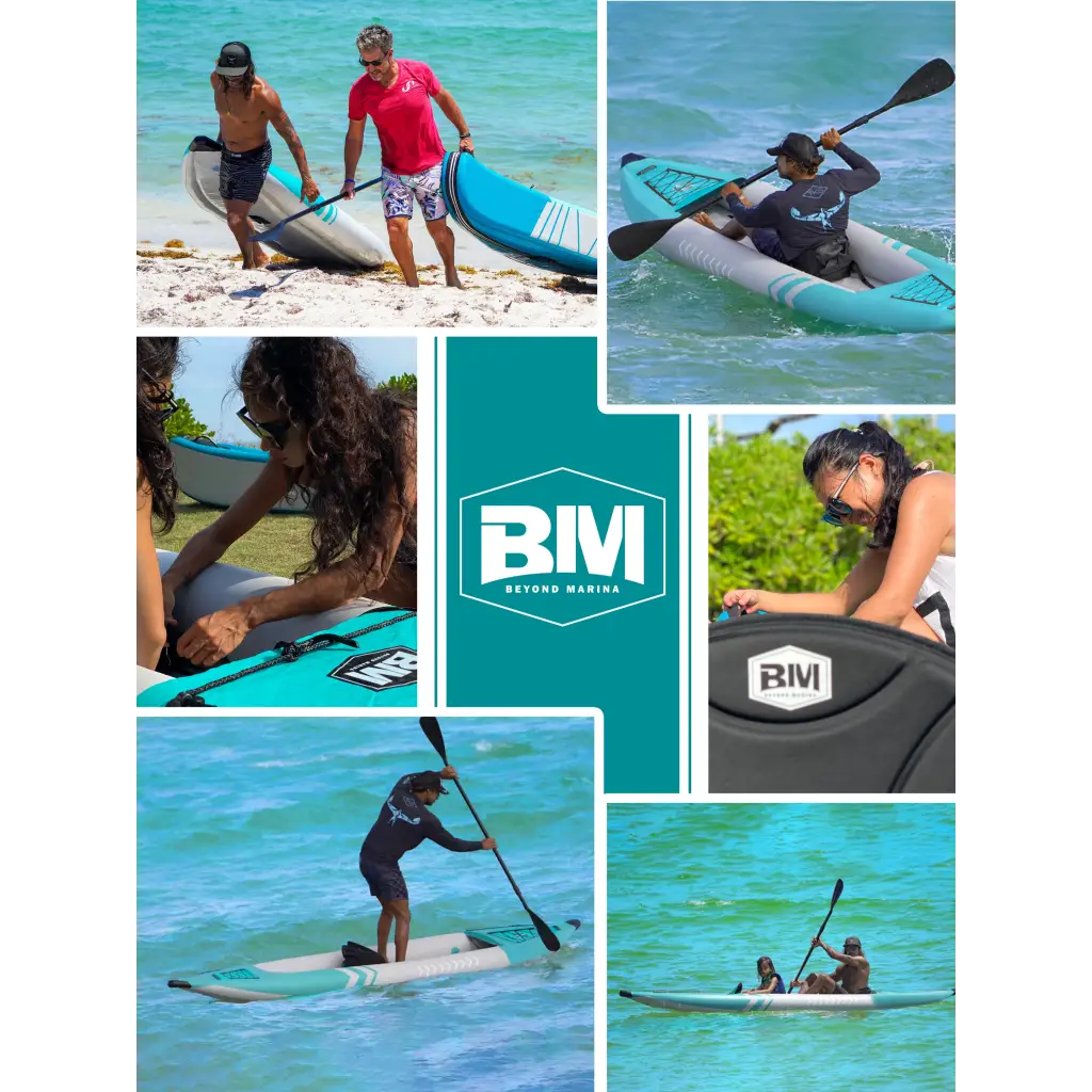 Teal and white inflatable tandem kayak with black logo detailing