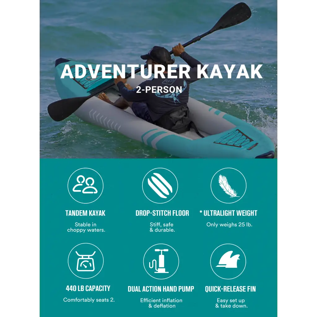 Teal and gray inflatable tandem kayak with two seats and black paddle