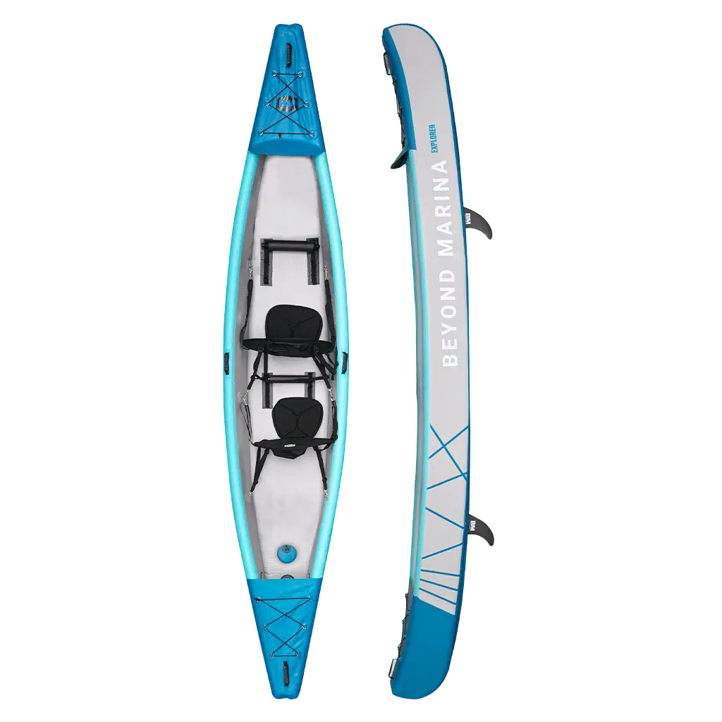 Tandem inflatable kayak with drop stitch material, blue and white, two seats