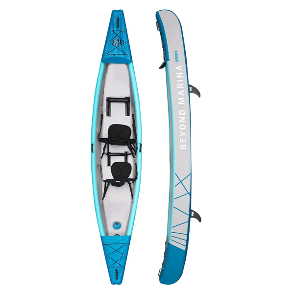 Tandem inflatable kayak with drop stitch material, blue and white, two seats