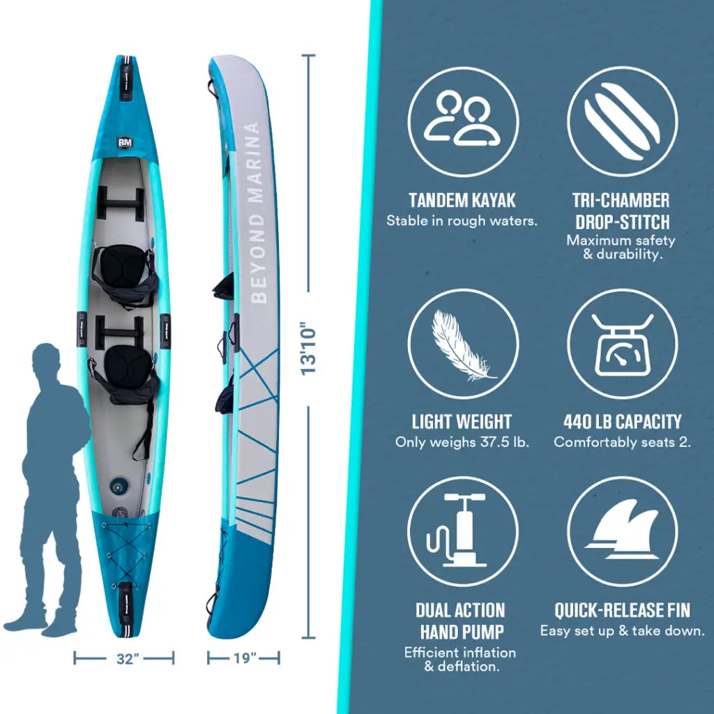 Best tandem inflatable kayak for beginners: Beyond Marina EXPLORER 13’10’ DROP STITCH TANDEM INFLATABLE KAYAK