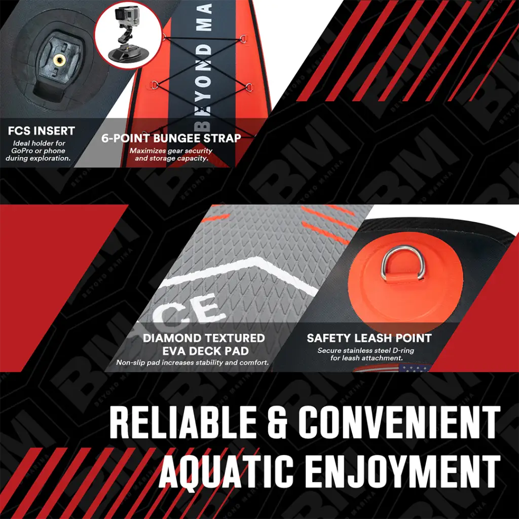 Red and black designed surfboard on Beyond Marina RACING inflatable paddle board package.