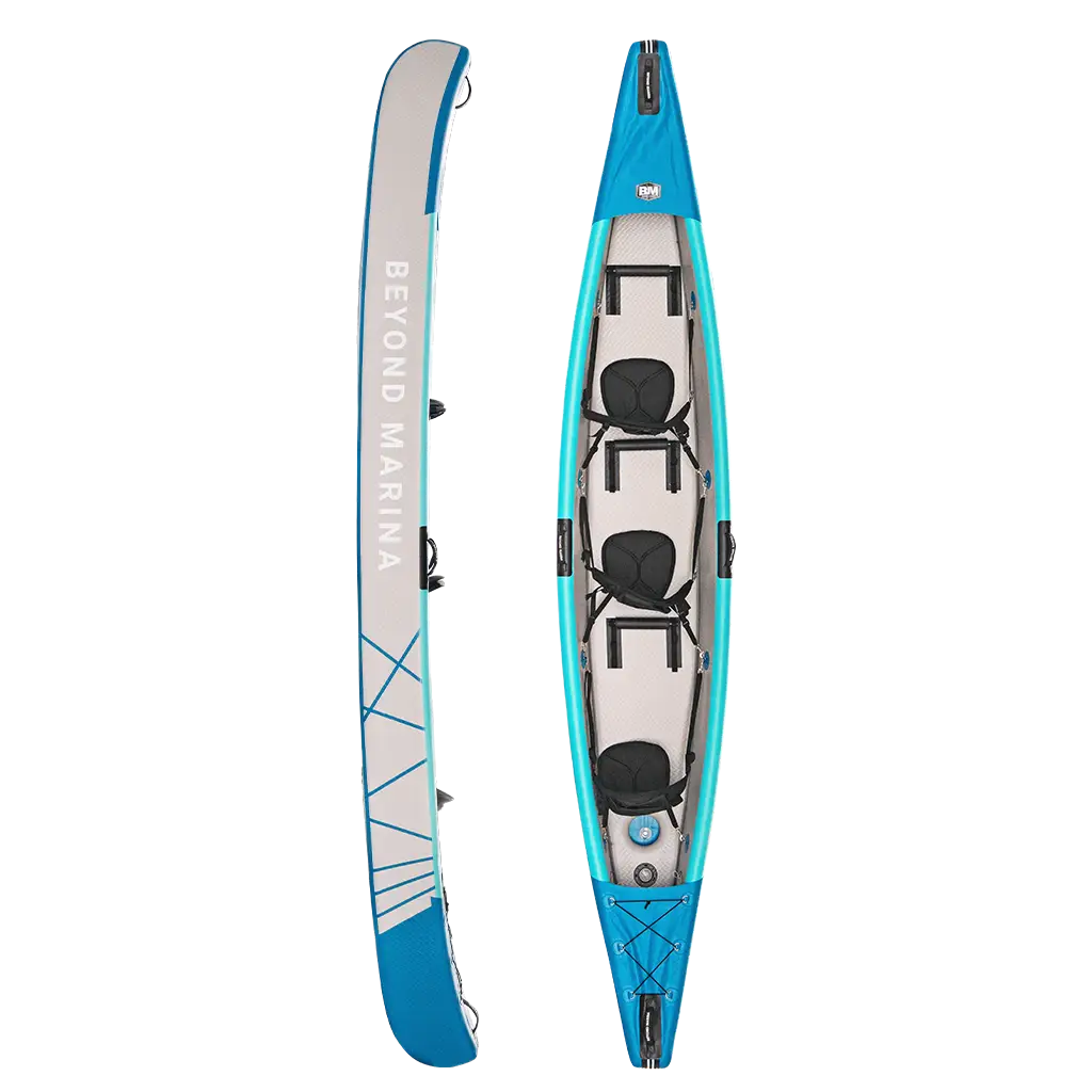 Triple inflatable kayak in blue and white with paddles - MARINER 15’3