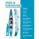 Triple inflatable kayak - Blue and white, 15’3’ Mariner with specs and dimensions. Perfect for adventure