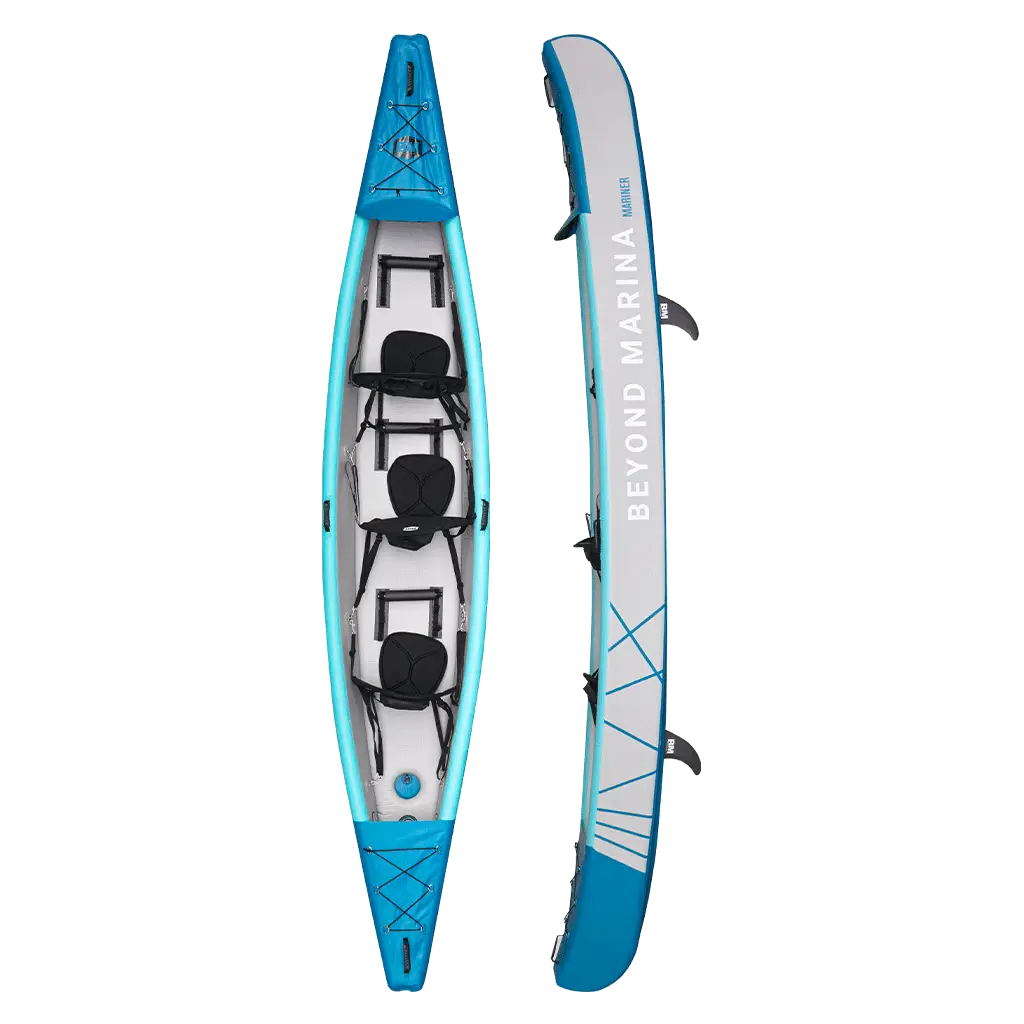 Triple inflatable kayak for adventure: 15’3’ Mariner, blue & white, three-person capacity