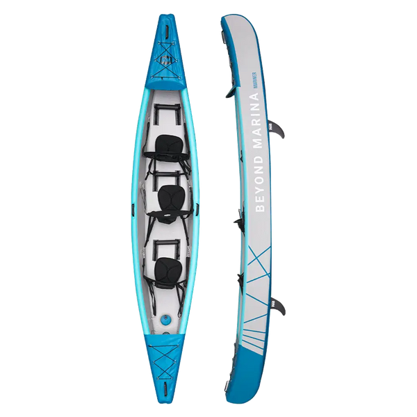 Triple inflatable kayak for adventure: 15’3’ Mariner, blue & white, three-person capacity