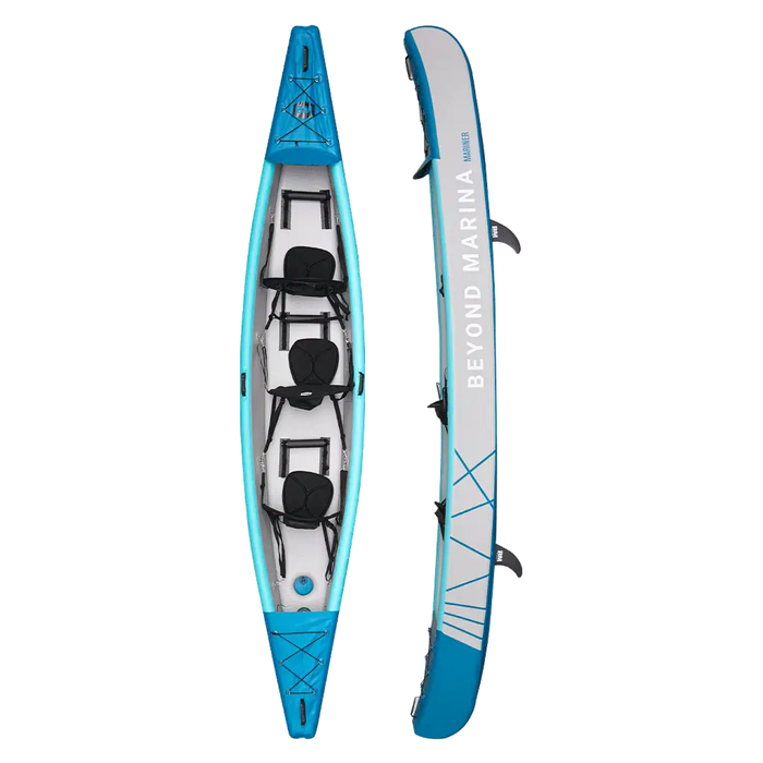 Triple inflatable kayak for adventure: 15’3’ Mariner, blue & white, three-person capacity