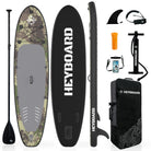 Camouflage inflatable SUP board set with accessories on a white background
