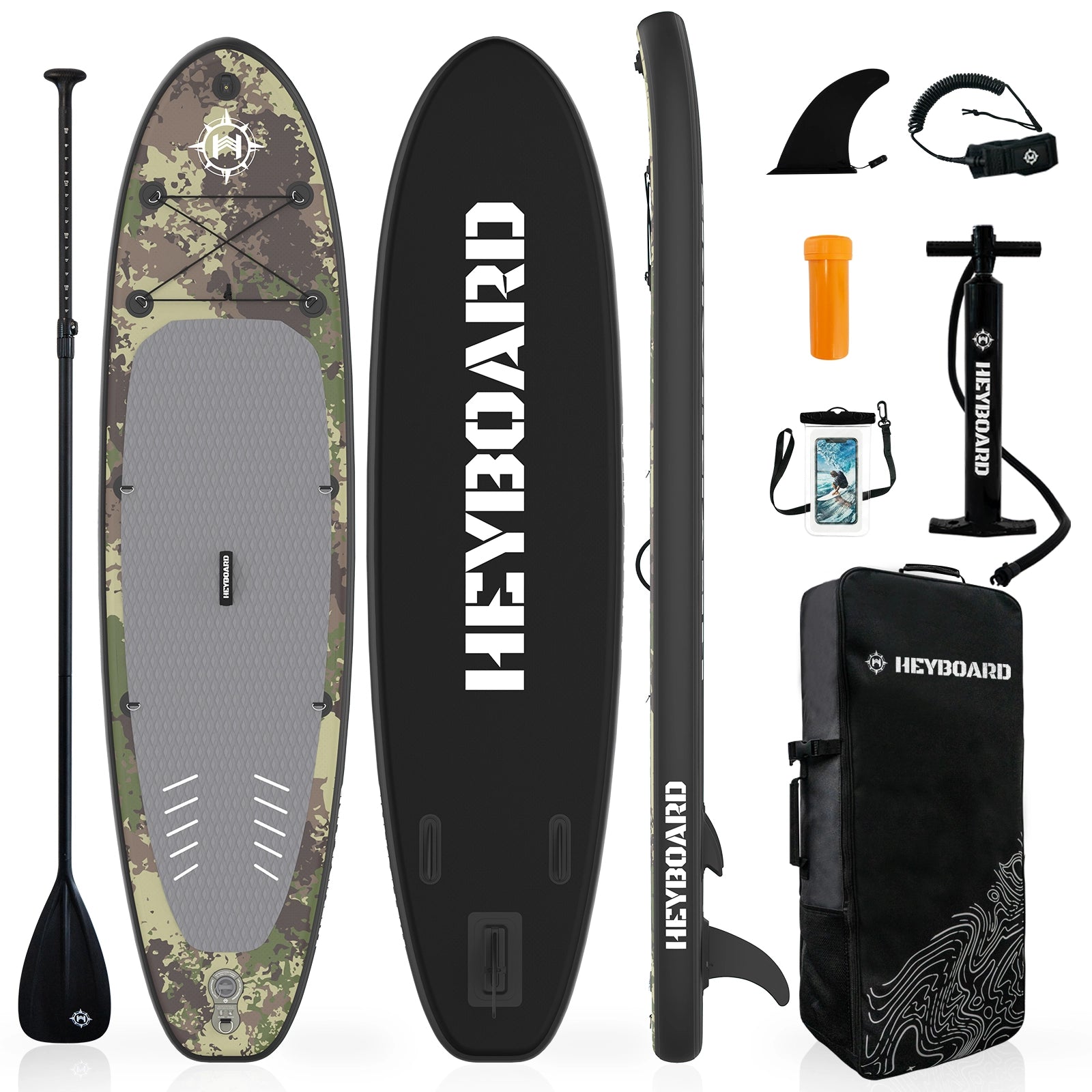 Camouflage inflatable SUP board set with accessories on a white background