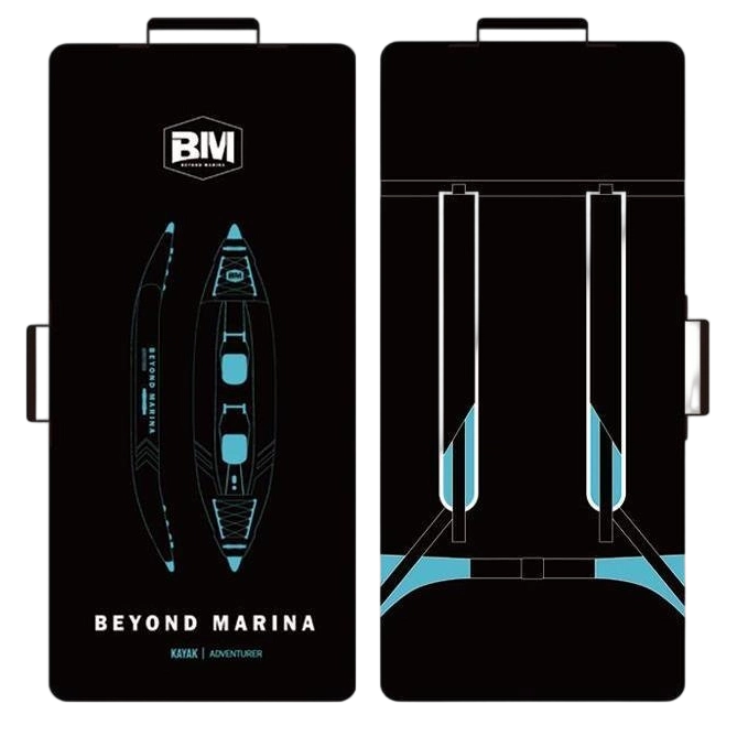 Two black panels with inflatable kayak design and 'Beyond Marina' branding on a white background
