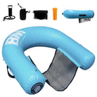 Blue inflatable neck pillow with mesh back and various accessories on a white background