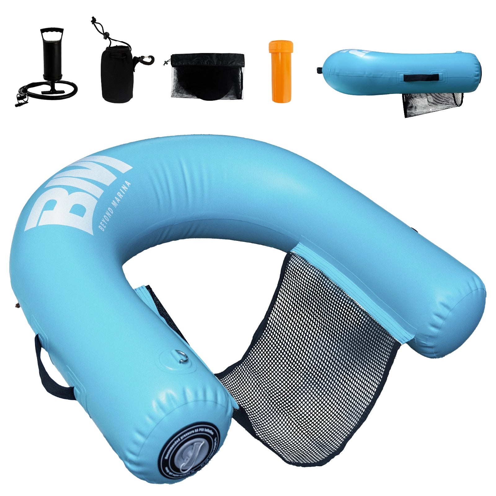 Blue inflatable neck pillow with mesh back and various accessories on a white background