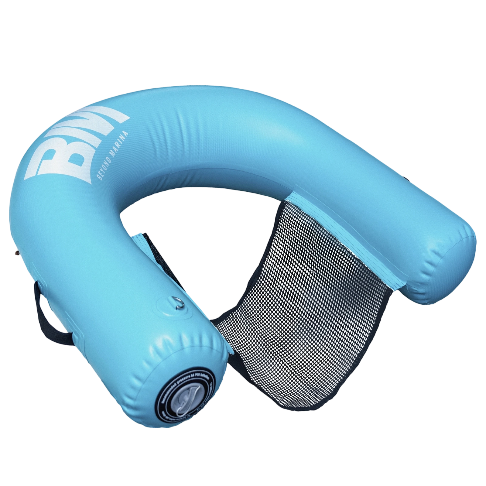 Blue inflatable pool float with mesh pocket on a white background