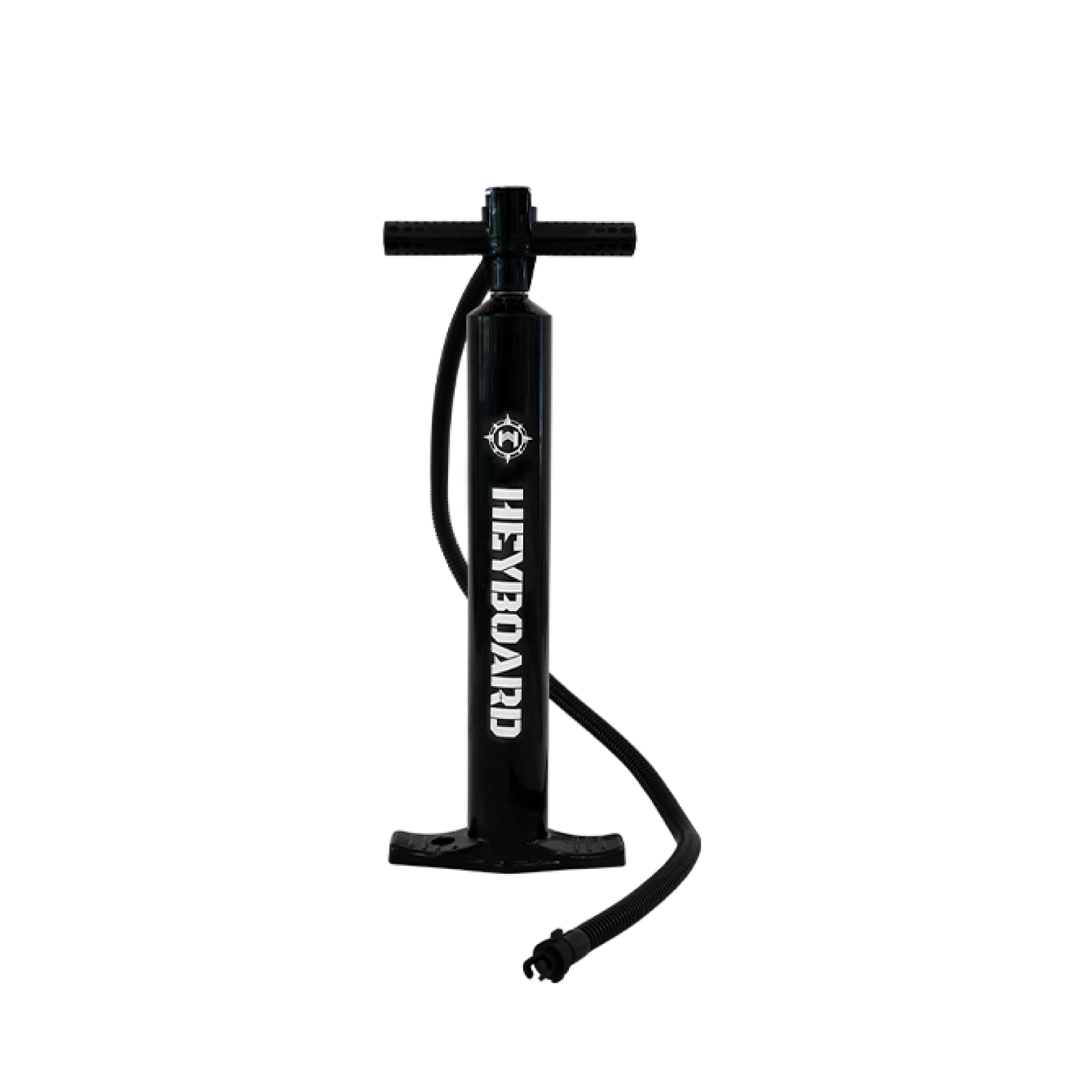 Black hand pump for inflatable SUP and kayak with 'HEYBOARD' branding on a white background
