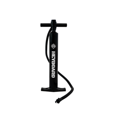 Black hand pump for inflatable SUP and kayak with 'HEYBOARD' branding on a white background